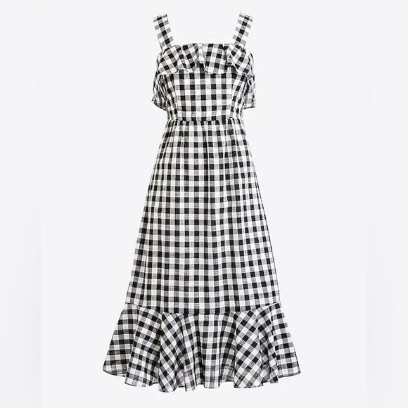 J.Crew Gingham Ruffle Midi Dress Size 12 Black White Check Cotton Lined Summer - Picture 1 of 11